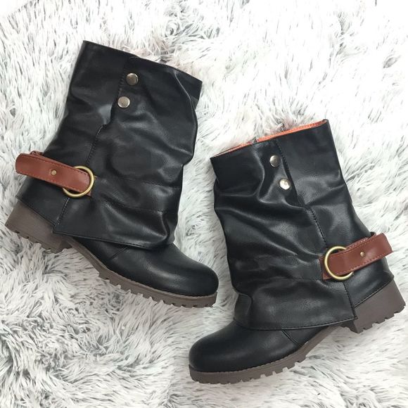 Shoes - Faux Leather Black Ankle Biker Boots